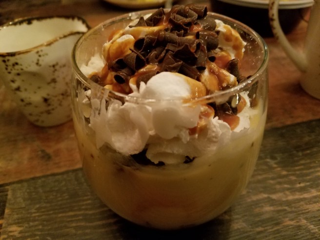 Fudge Brownie, salted caramel sabayon custard, whipped cream, shaved chocolate